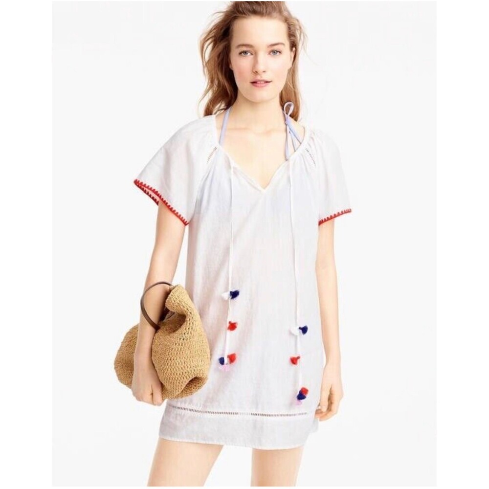 J. CREW White Linen Blend Mini Dress with Tassel Detail, Beach Coverup, Sz XS